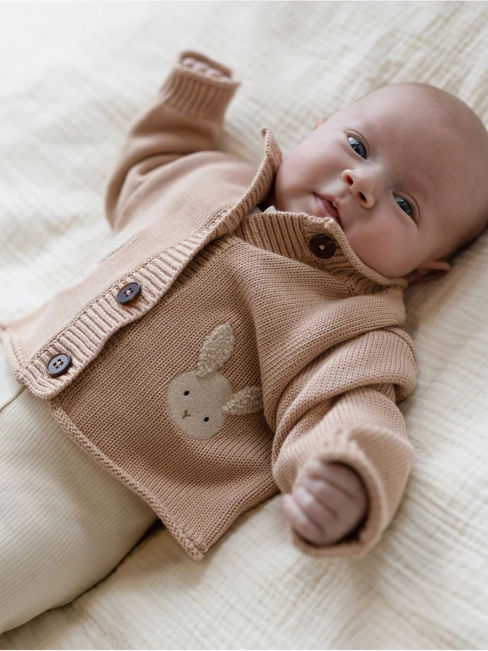 Donsje Baby Knit Cardigan in Light Pink with Bunny Detail - Kids Accessories